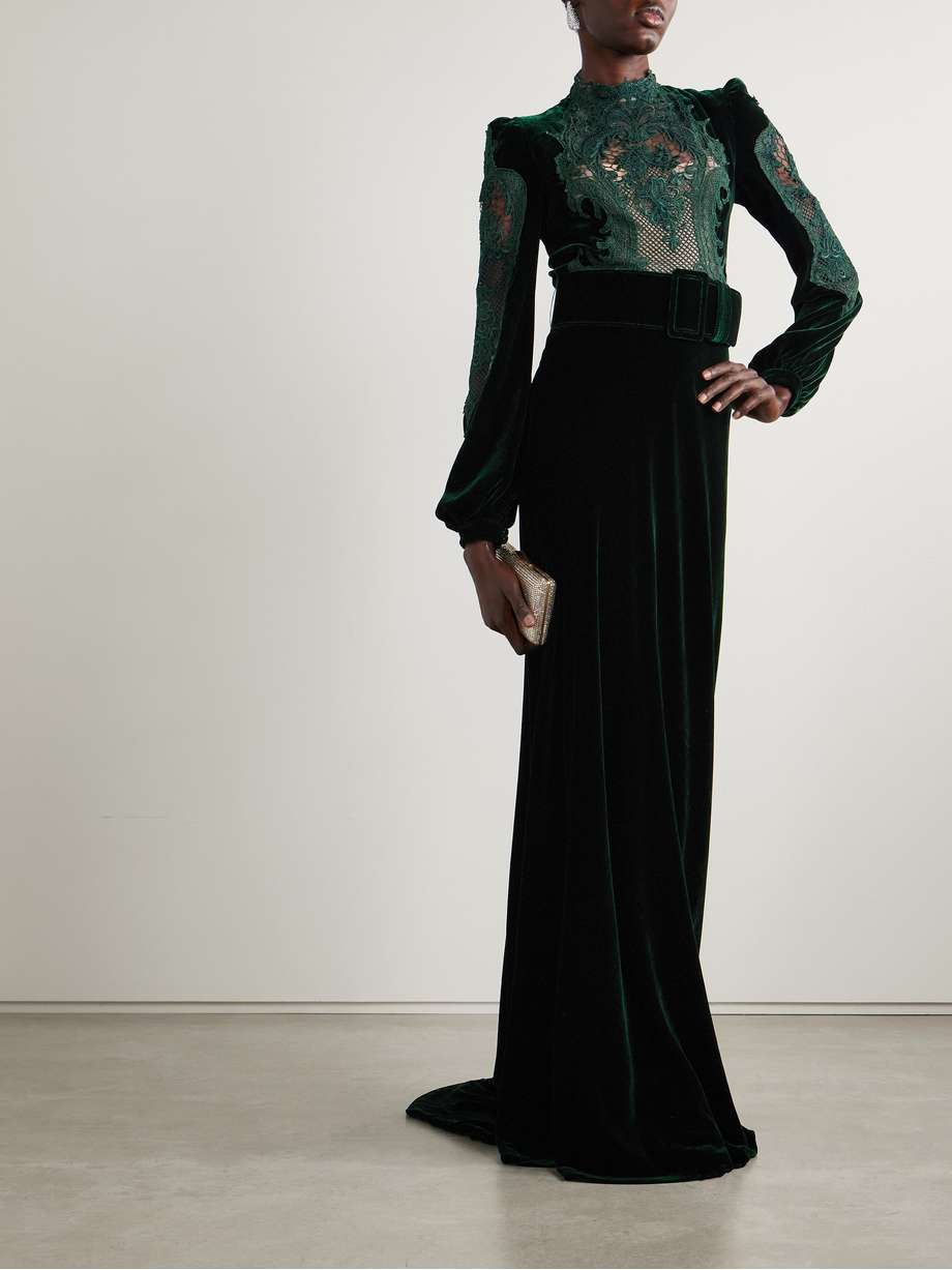 belted corded lace-trimmed velvet gown