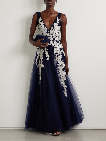 Costarellos Bead-embellished embroidered tulle gown