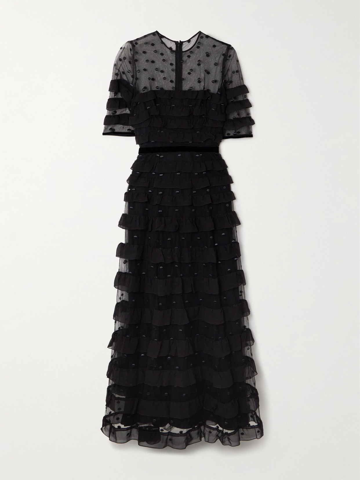 Costarellos Velvet-trimmed Point D'esprit And Ruffled Chiffon Midi Dress In Black