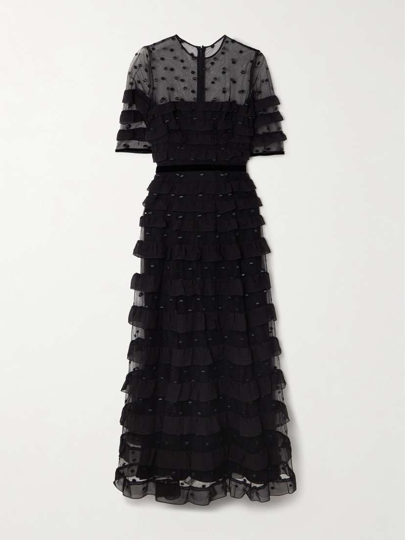 Costarellos Velvet-trimmed Point D'esprit And Ruffled Chiffon Midi Dress