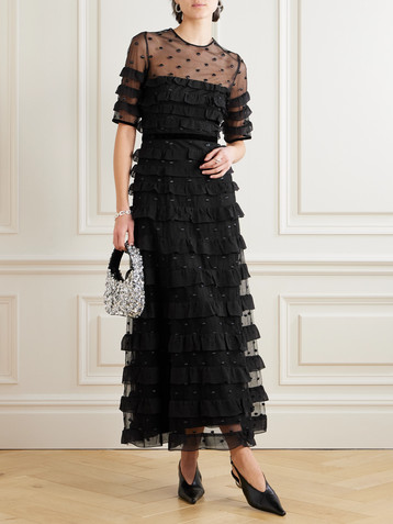 Costarellos Velvet-trimmed point d'esprit and ruffled chiffon midi dress