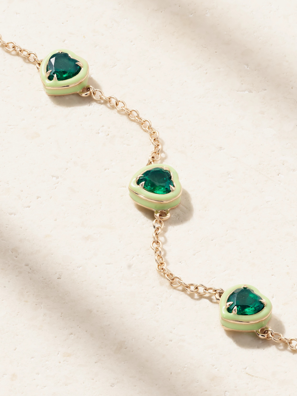 Alison Lou Heart By The Yard 14-karat Gold, Laboratory-grown Emerald And Enamel Bracelet In Green