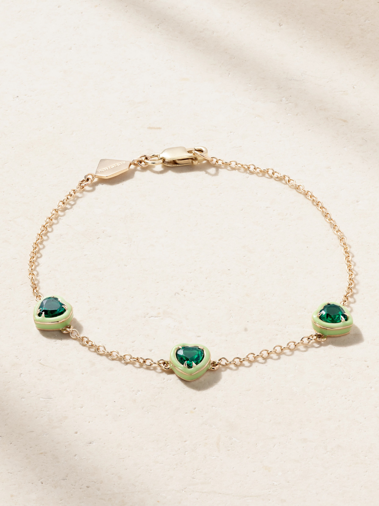 Alison Lou Heart By The Yard 14-karat Gold, Laboratory-grown Emerald And Enamel Bracelet In Green