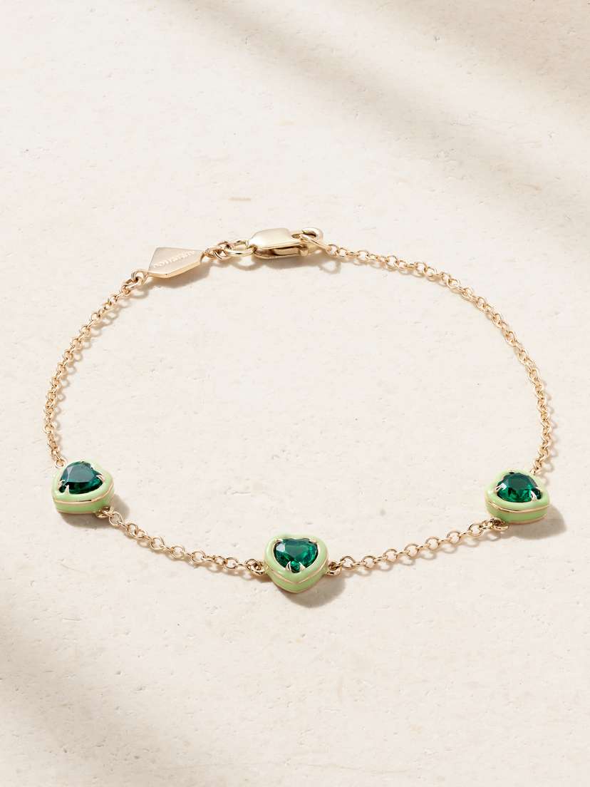 Alison Lou Heart By The Yard 14-karat Gold, Laboratory-grown Emerald And Enamel Bracelet
