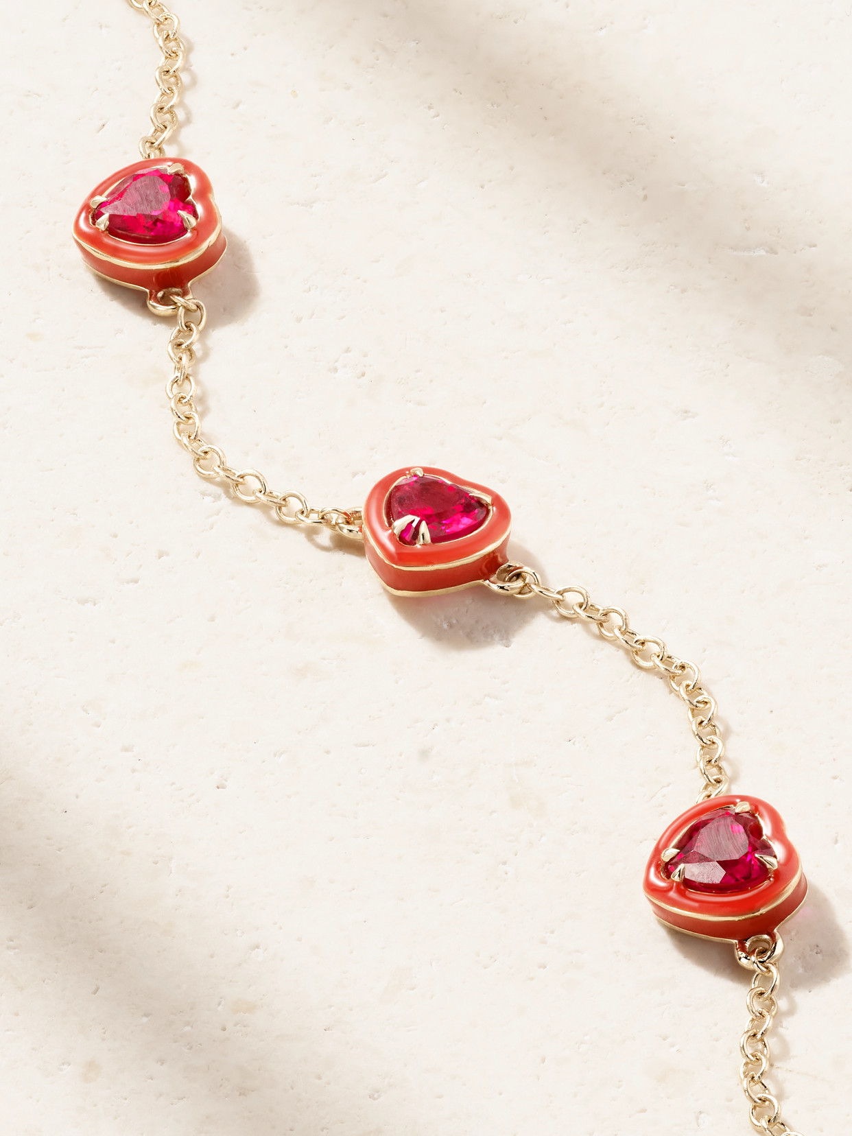 Alison Lou Heart By The Yard 14-karat Gold, Laboratory-grown Ruby And Enamel Bracelet In Red