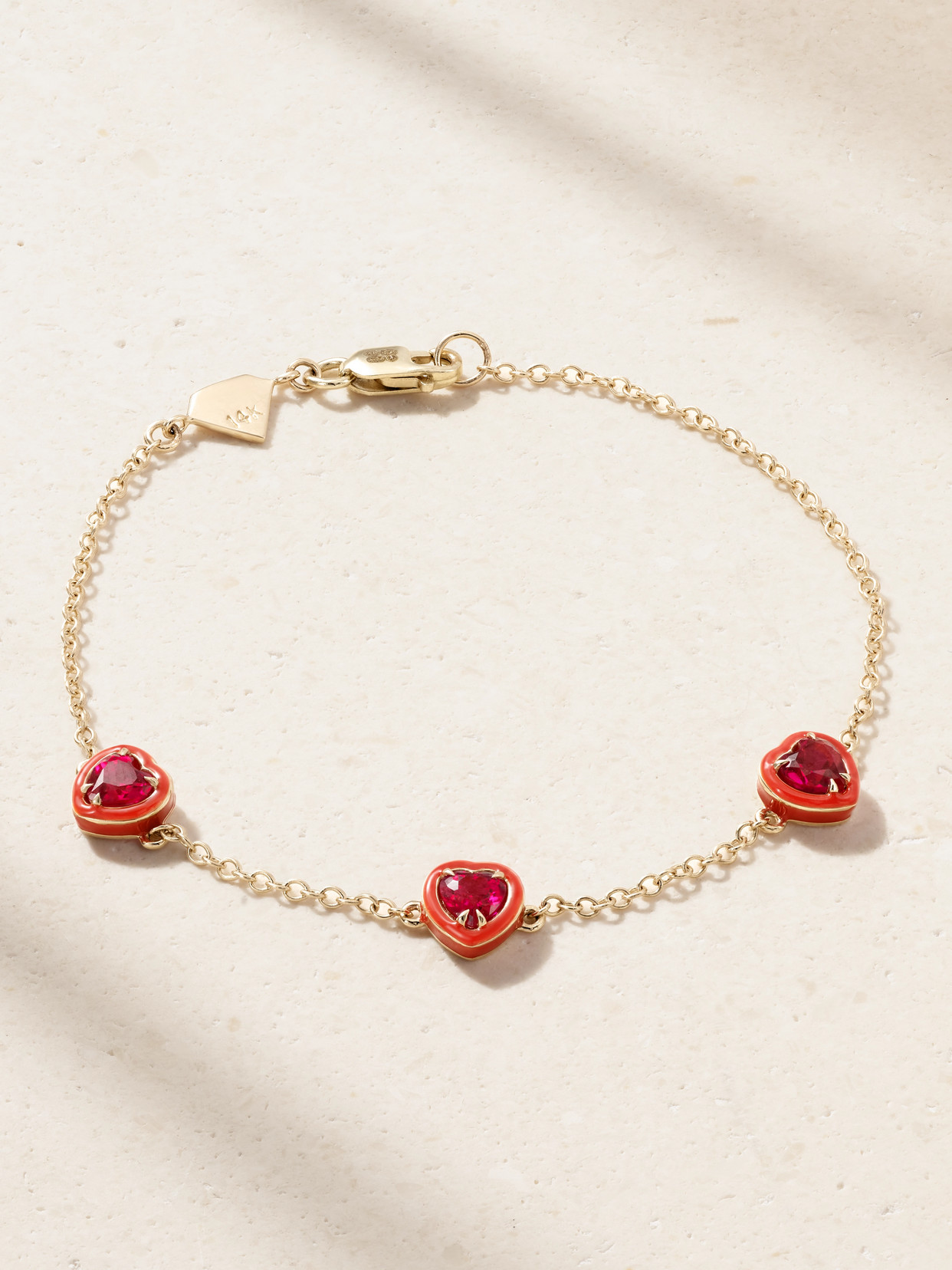 Alison Lou Heart By The Yard 14-karat Gold, Laboratory-grown Ruby And Enamel Bracelet In Red