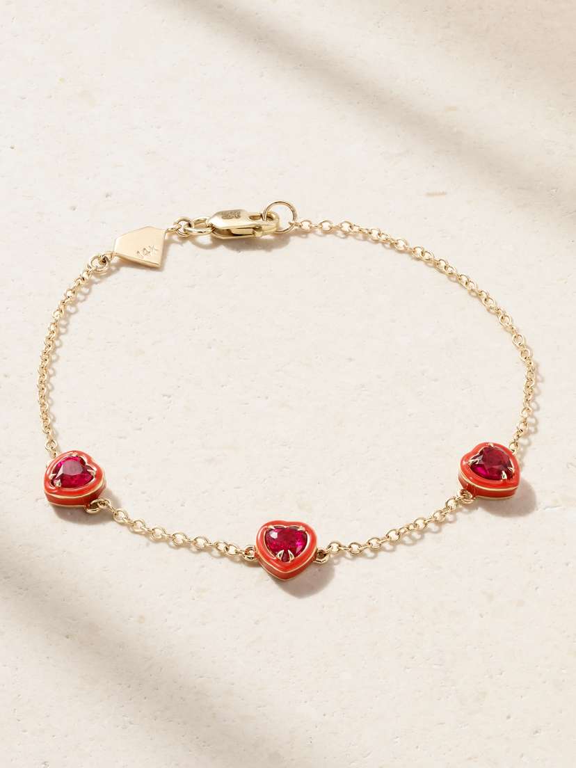Alison Lou Heart By The Yard 14-karat Gold, Laboratory-grown Ruby And Enamel Bracelet