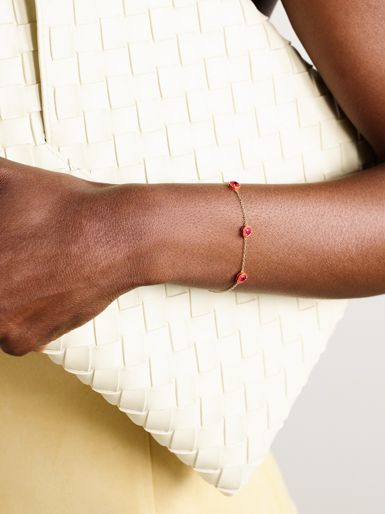 Alison Lou Heart By The Yard 14-karat Gold, Laboratory-grown Ruby And Enamel Bracelet In Red