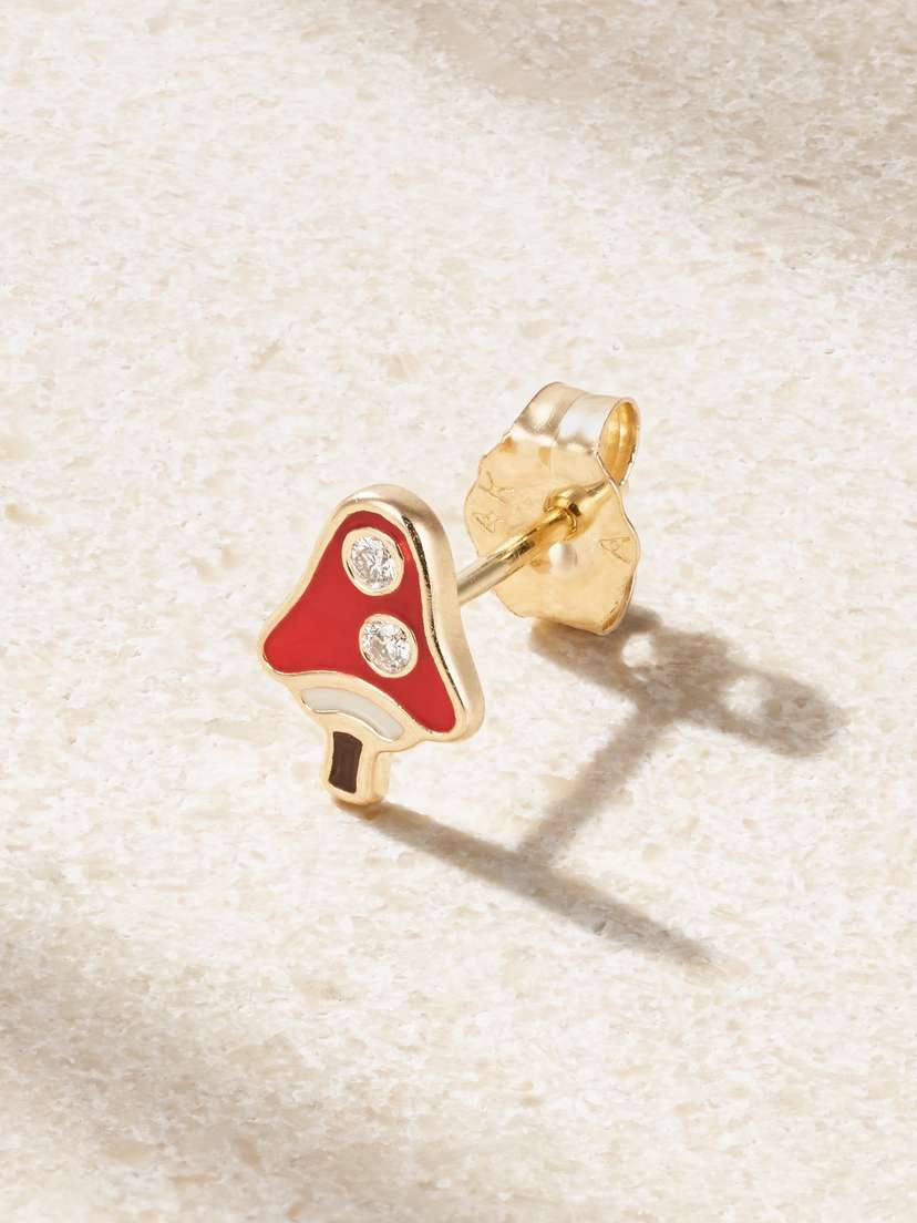 Alison Lou Magic Shroom 14-karat Gold, Diamond And Enamel Single Earring
