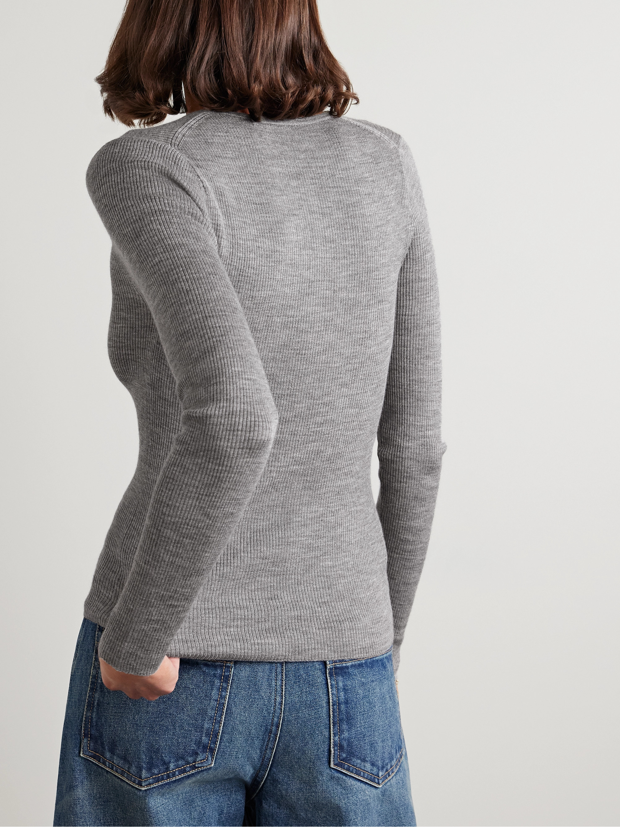 Nili Lotan Klarise ribbed merino wool and silk-blend Henley top thumbnail