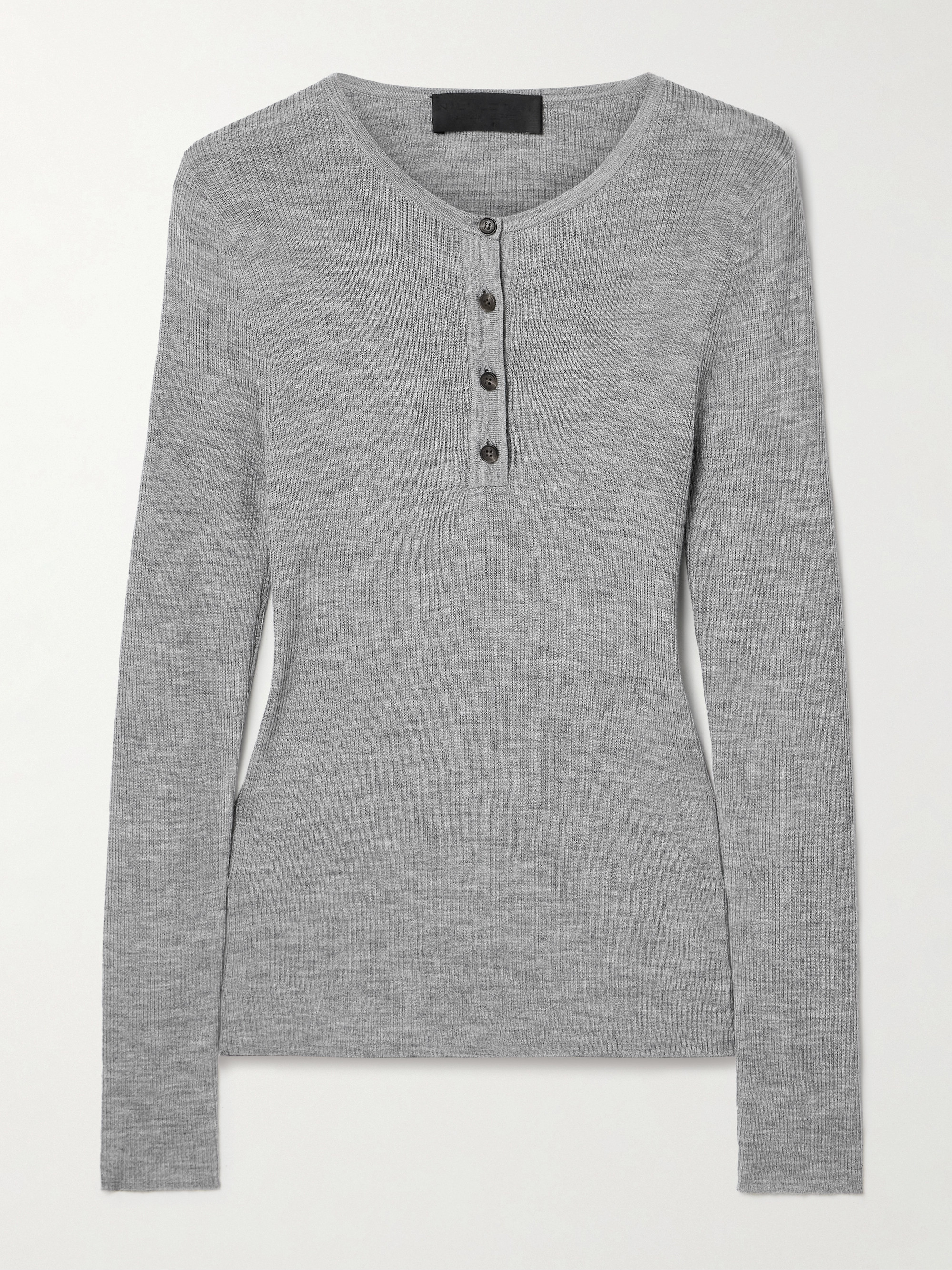 Nili Lotan Klarise ribbed merino wool and silk-blend Henley top thumbnail
