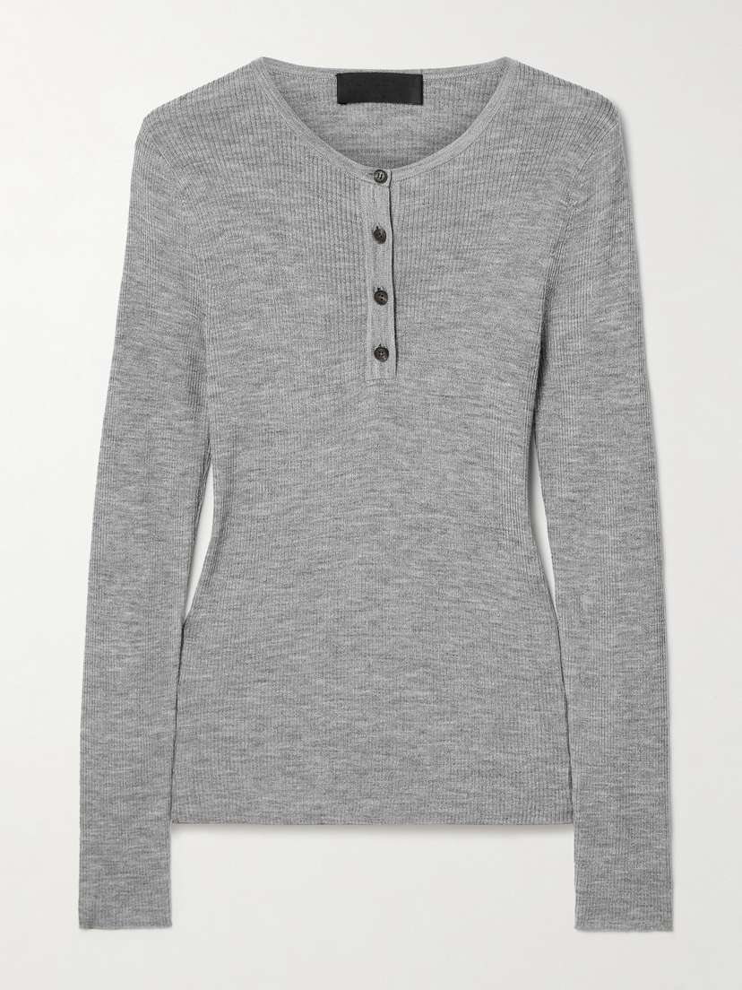 Nili Lotan Klarise Ribbed Merino Wool And Silk-blend Henley Top