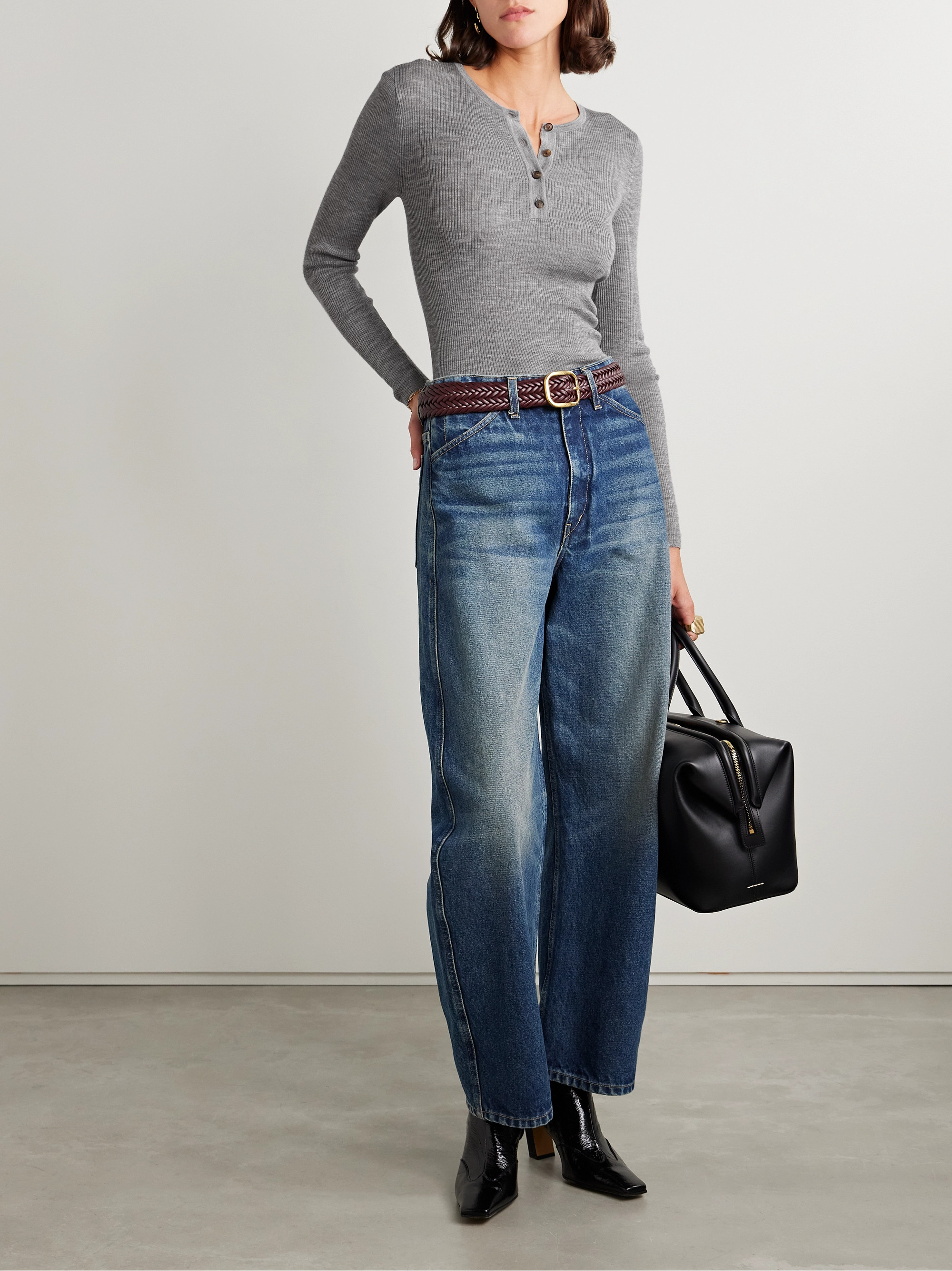 Nili Lotan Klarise ribbed merino wool and silk-blend Henley top thumbnail