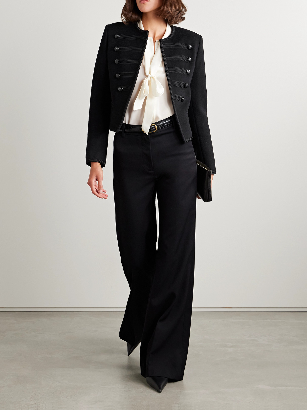 NILI LOTAN JONI CROPPED BUTTON-EMBELLISHED SATIN-TRIMMED WOOL-FELT JACKET