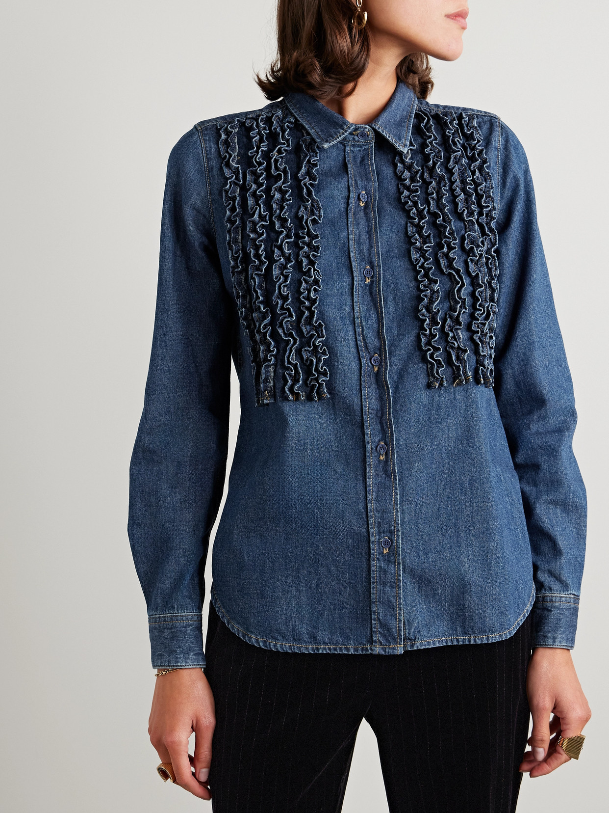 NILI LOTAN LEXA RUFFLED DENIM SHIRT