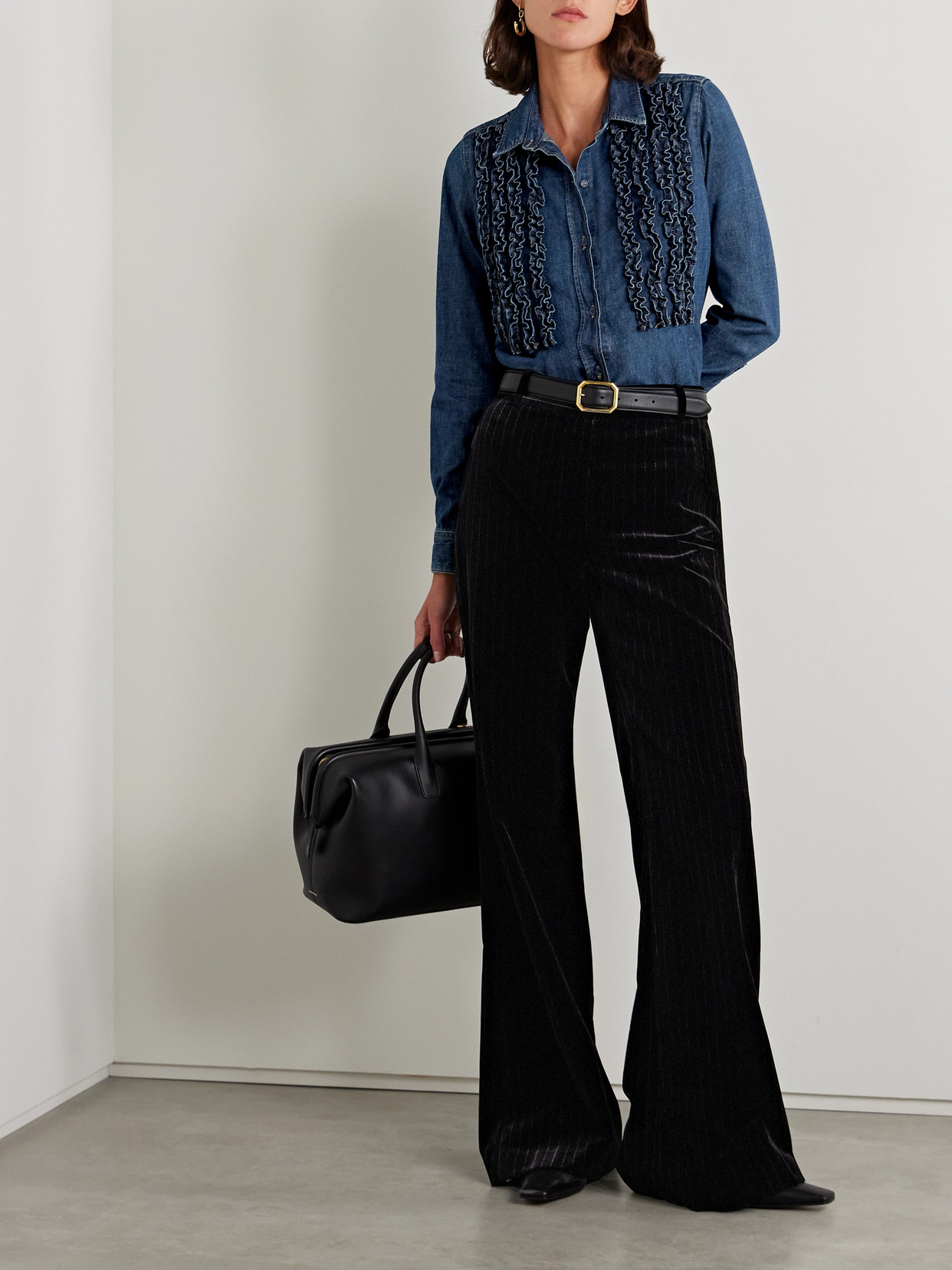 NILI LOTAN LEXA RUFFLED DENIM SHIRT