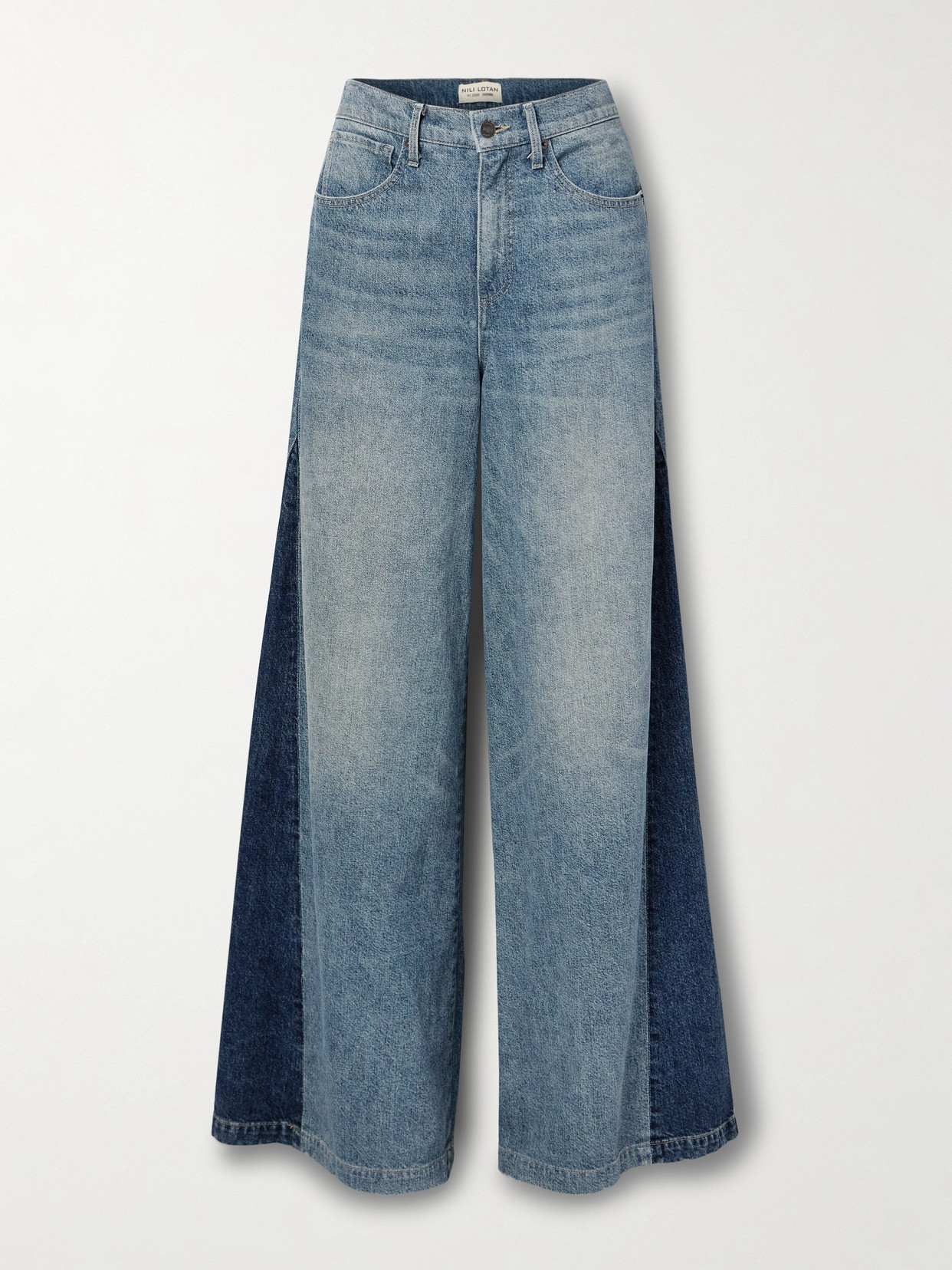Shop Nili Lotan Ebony Paneled Two-tone High-rise Wide-leg Jeans In Blue