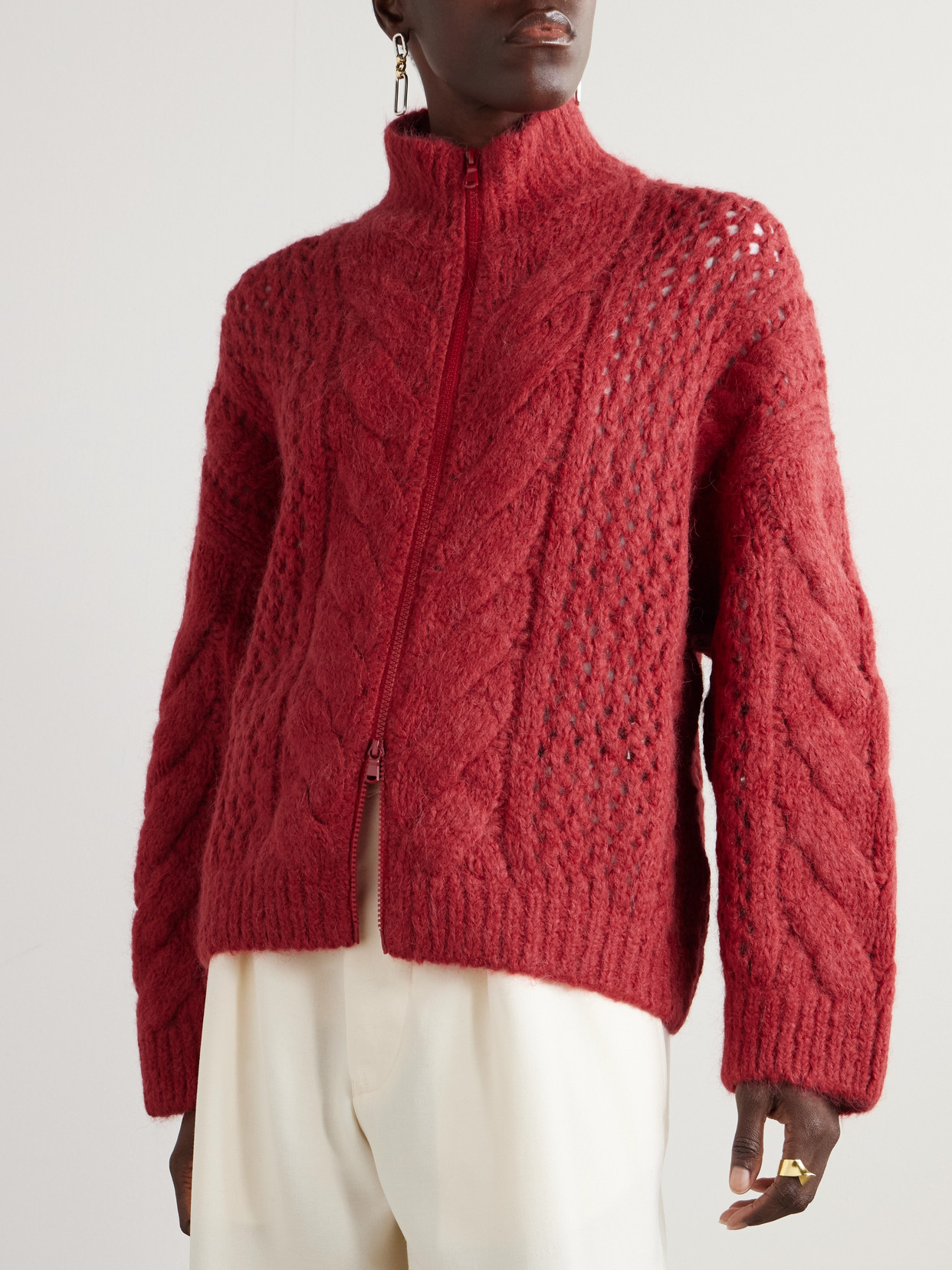 Brunello Cucinelli Open And Cable-knit Alpaca-blend Cardigan In Red
