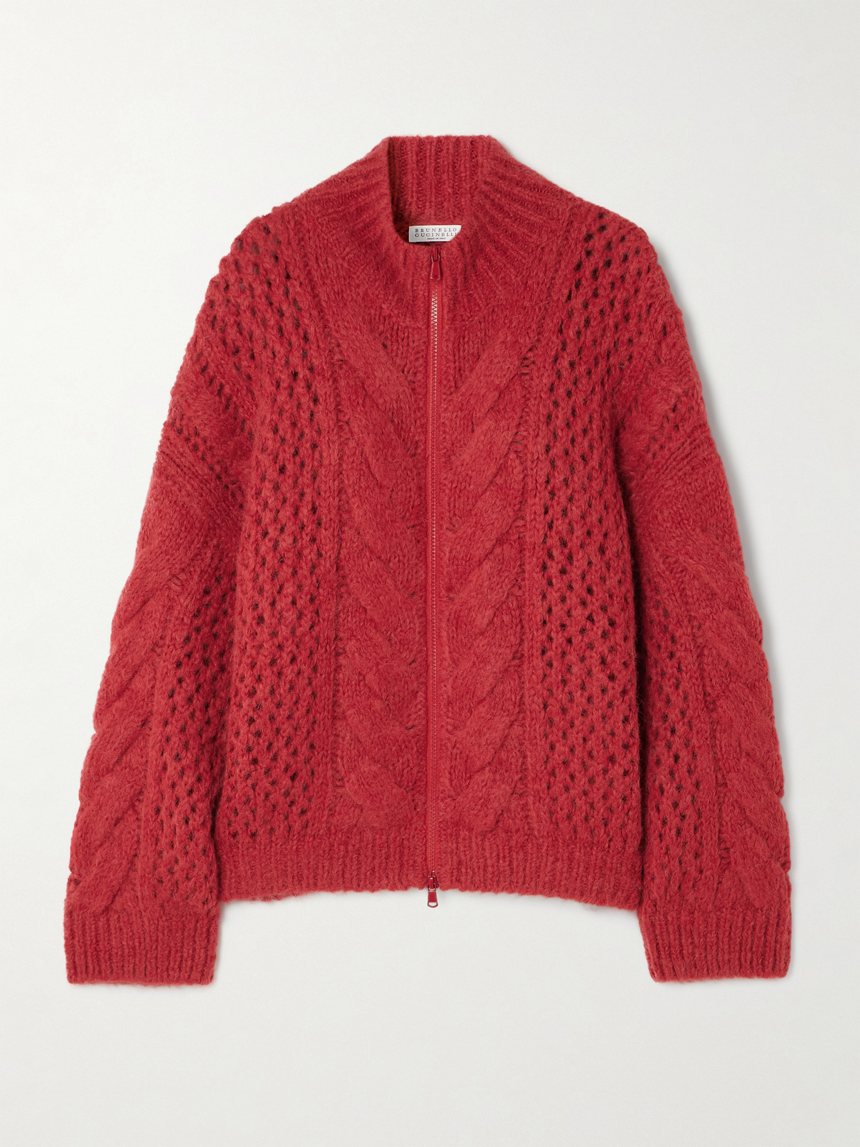 Brunello Cucinelli Open And Cable-knit Alpaca-blend Cardigan In Red
