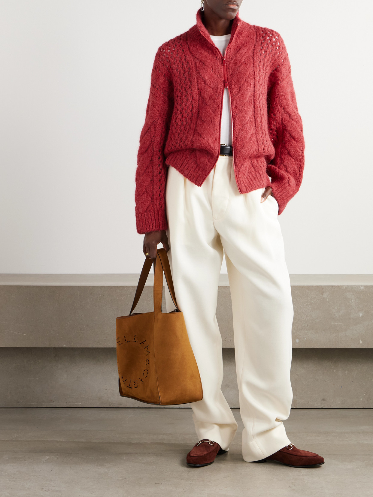 Brunello Cucinelli Open And Cable-knit Alpaca-blend Cardigan In Red