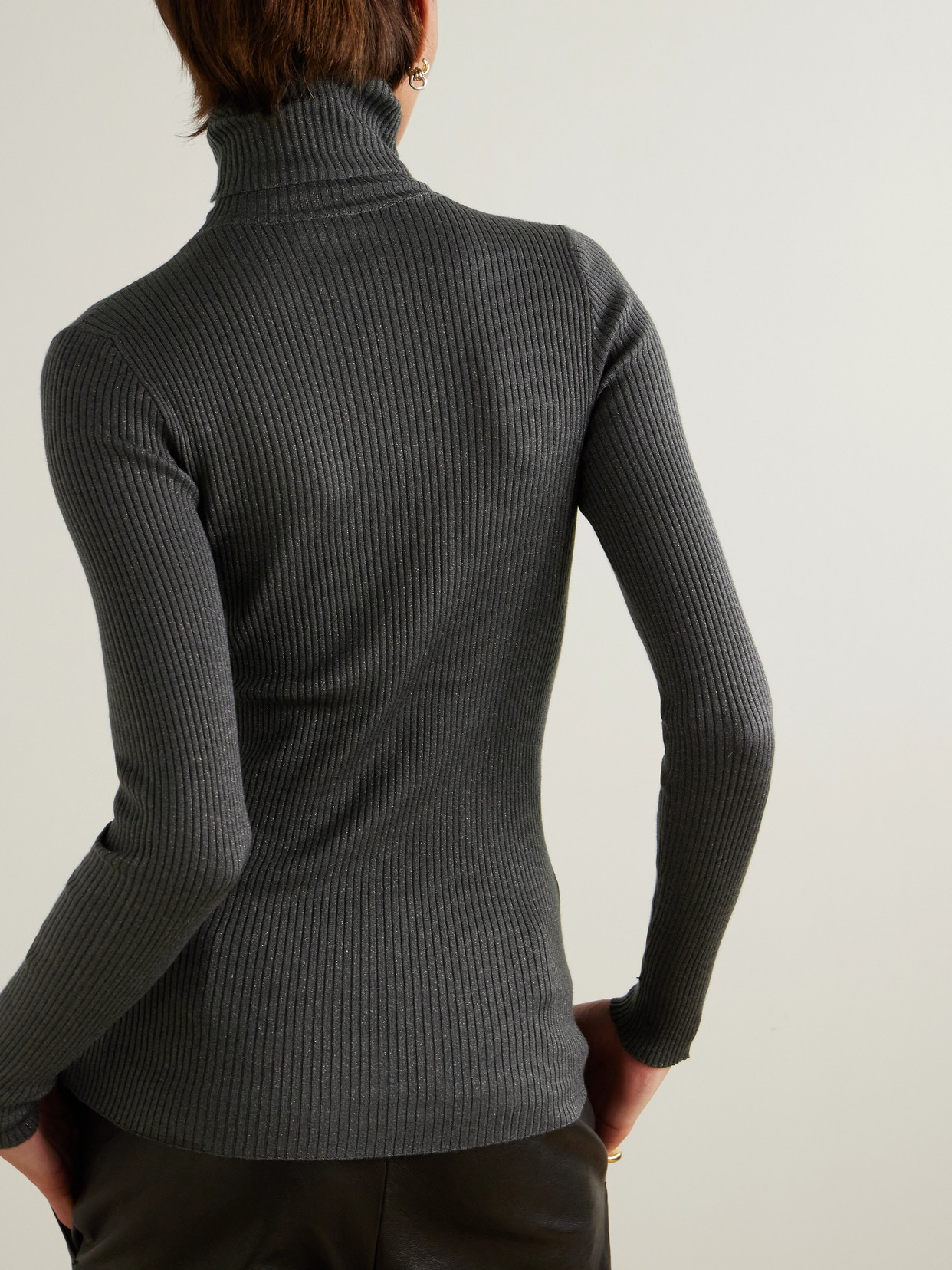 BRUNELLO CUCINELLI RIBBED METALLIC CASHMERE-BLEND TURTLENECK SWEATER