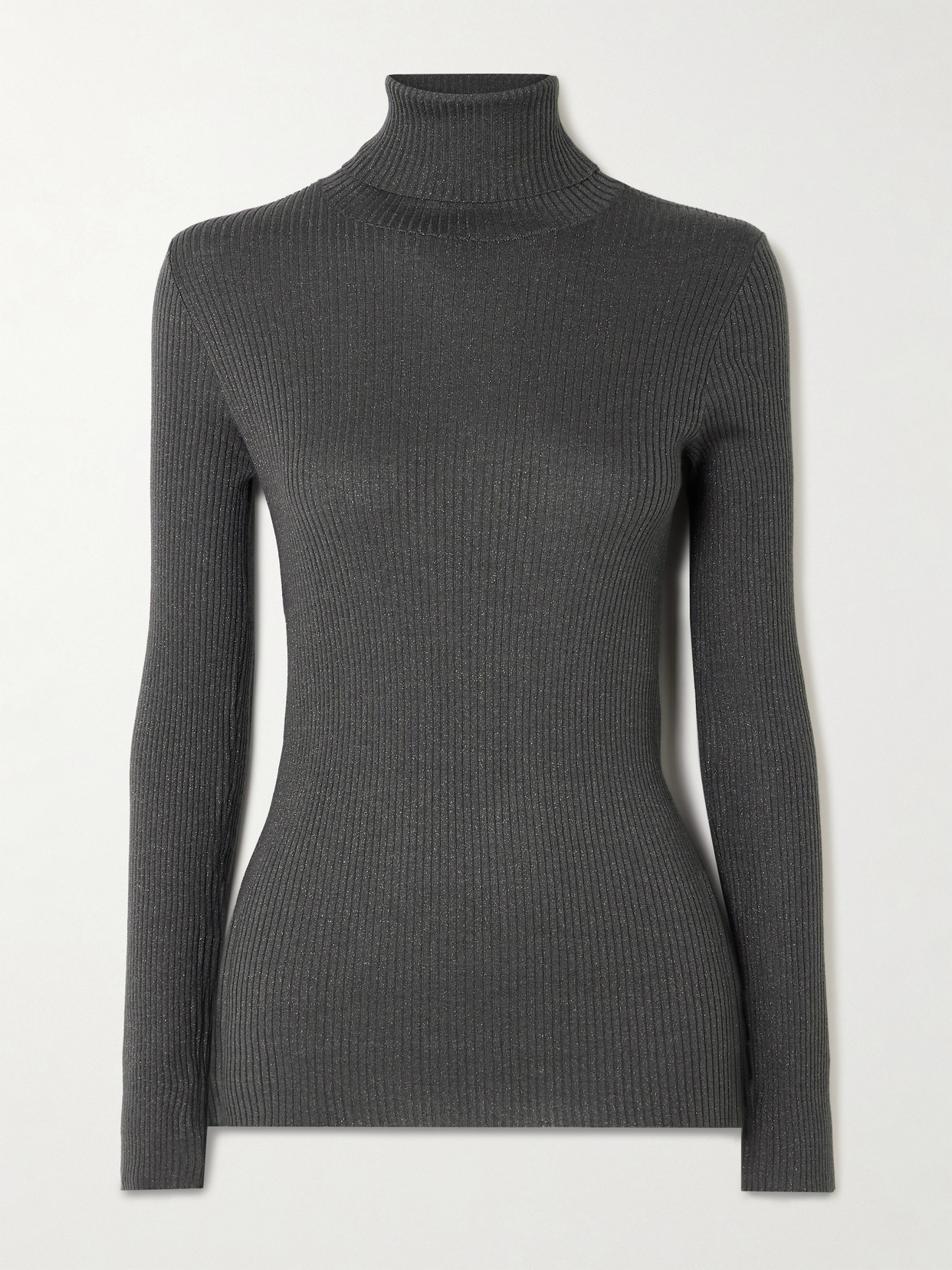 Brunello Cucinelli Ribbed Metallic Cashmere-blend Turtleneck Sweater In Gray