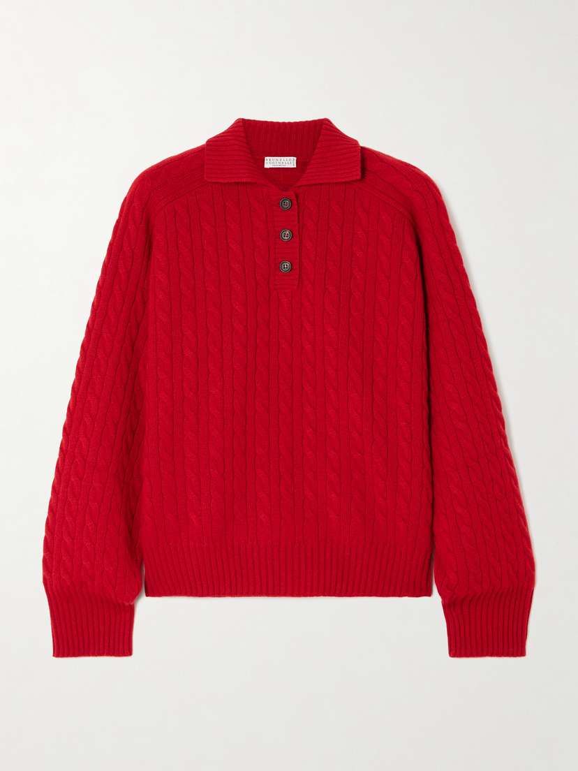 Brunello Cucinelli — Cable-knit cashmere polo sweater
