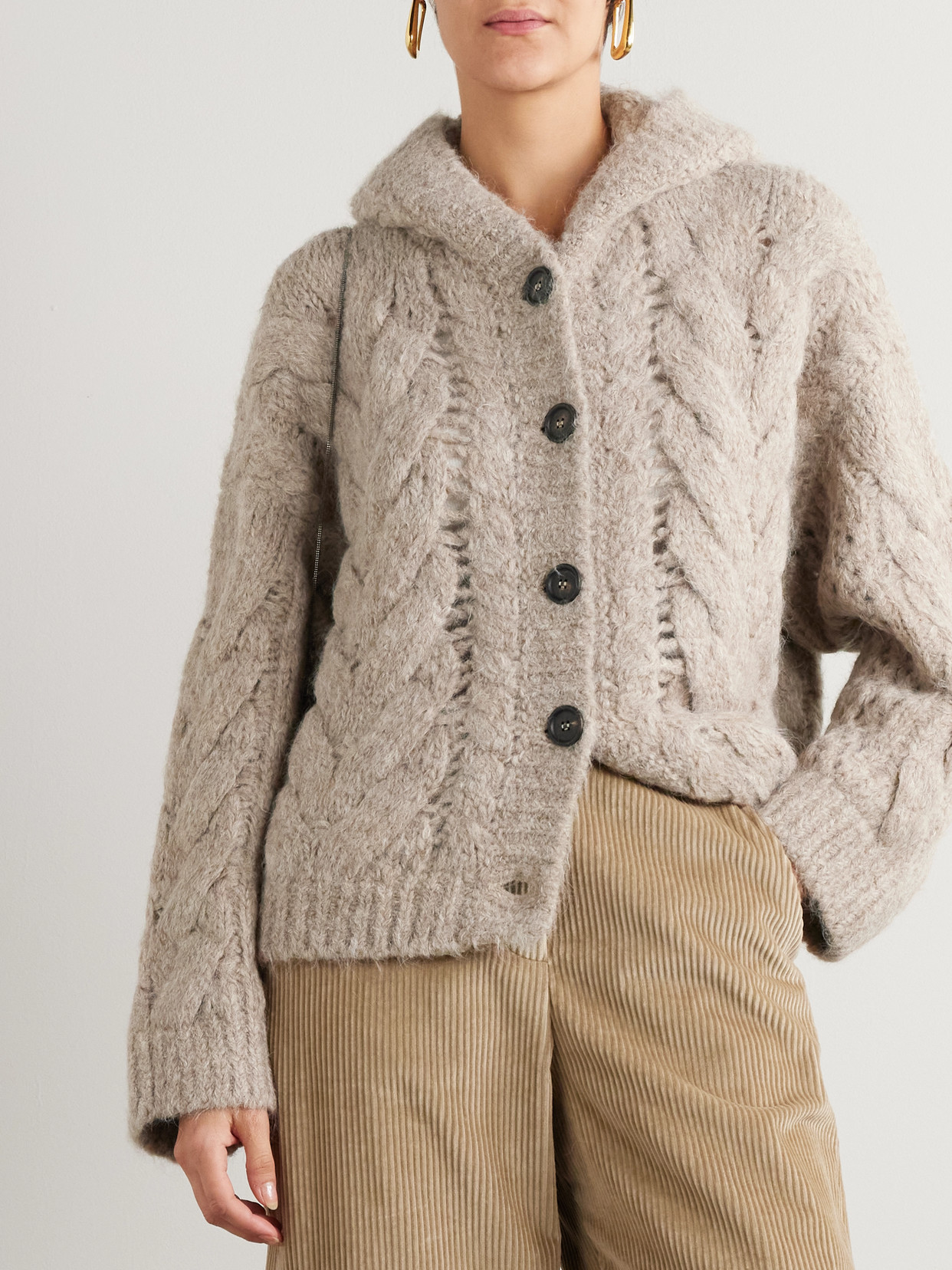 Brunello Cucinelli Hooded Cable-knit Alpaca-blend Cardigan In Neutrals