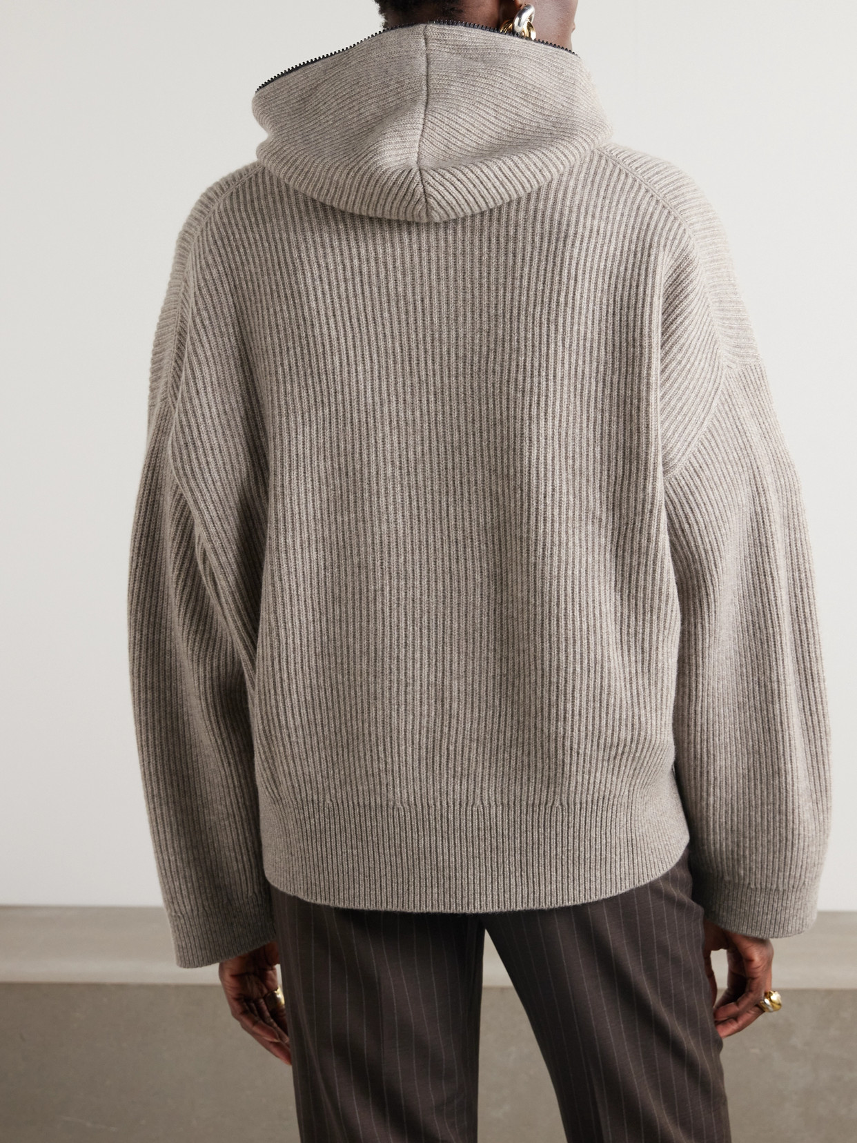 Brunello Cucinelli Hooded Ribbed Cashmere Half-zip Sweater In Brown
