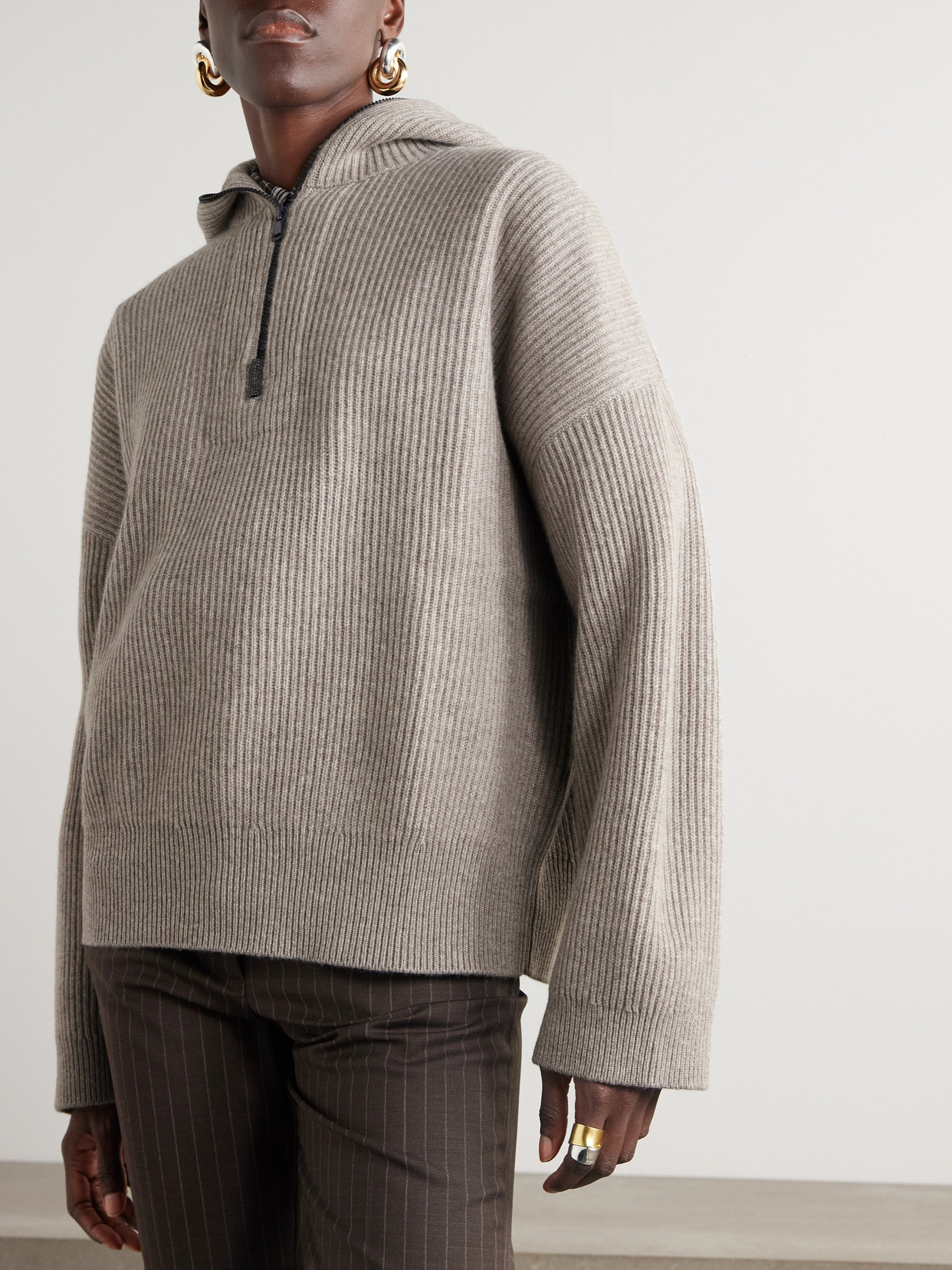 Brunello Cucinelli Hooded Ribbed Cashmere Half-zip Sweater In Brown