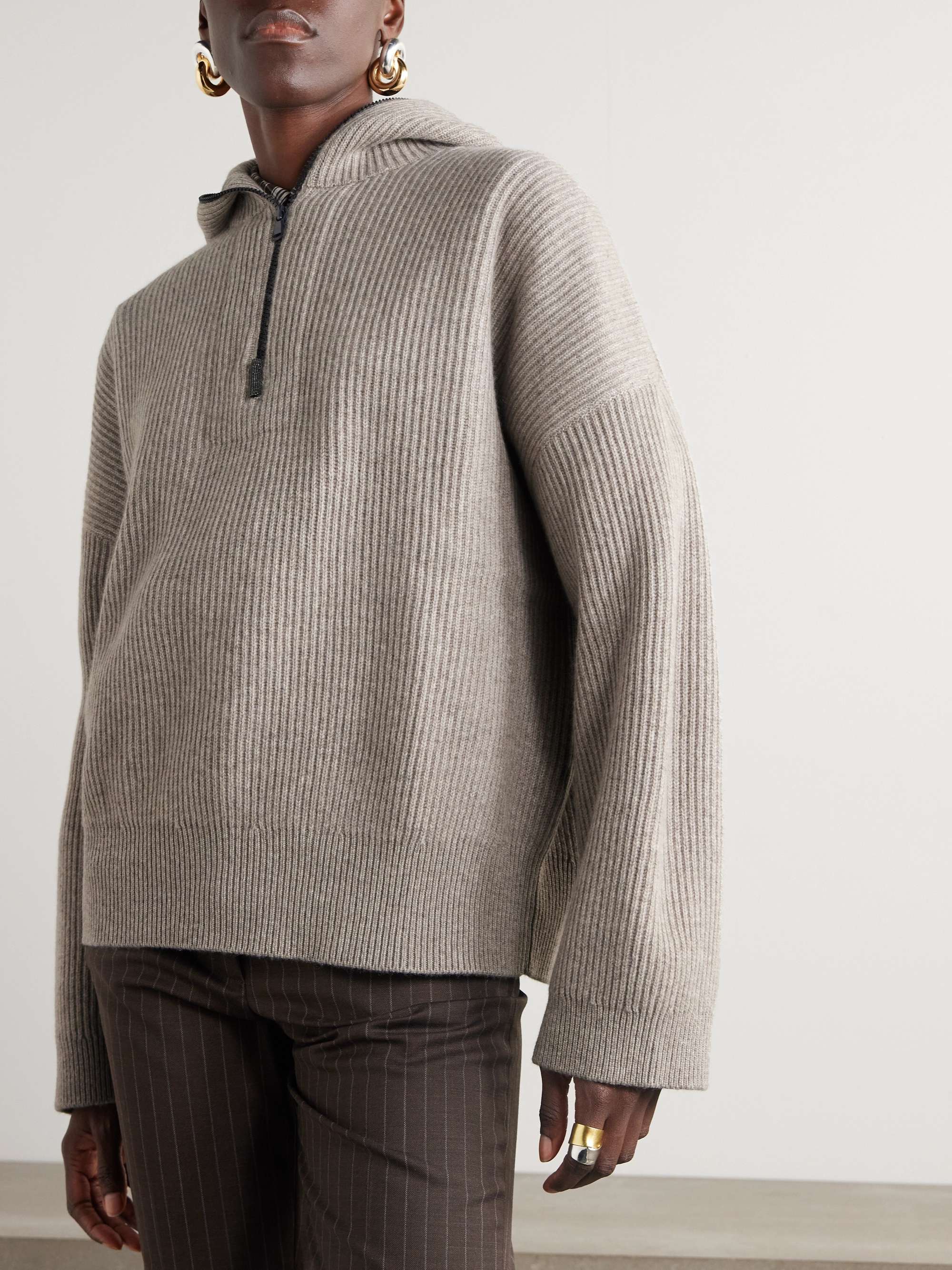 Taupe Hooded ribbed cashmere half-zip sweater | BRUNELLO Taupe Hooded ribbed cashmere half-zip sweater | BRUNELLO