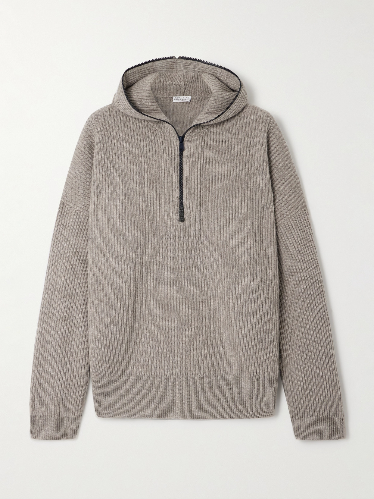 Brunello Cucinelli Hooded Ribbed Cashmere Half-zip Sweater In Brown