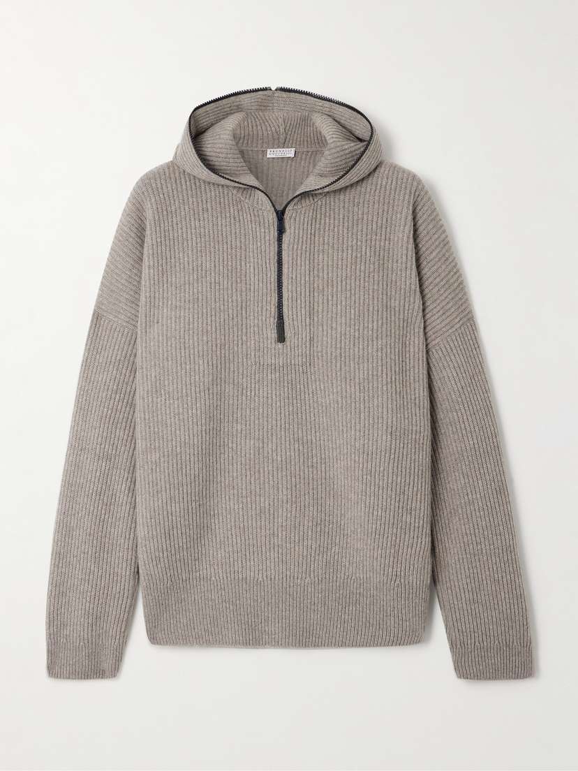 Brunello Cucinelli Hooded Ribbed Cashmere Half-zip Sweater