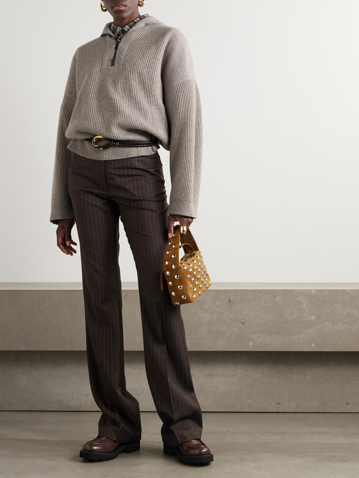 Brunello Cucinelli Hooded Ribbed Cashmere Half-zip Sweater In Brown