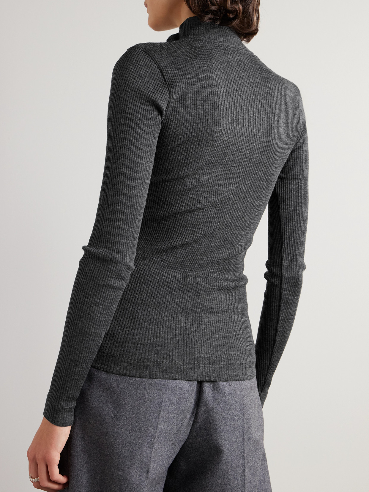 Brunello Cucinelli Bead-embellished Ribbed Wool Turtleneck Top In Gray