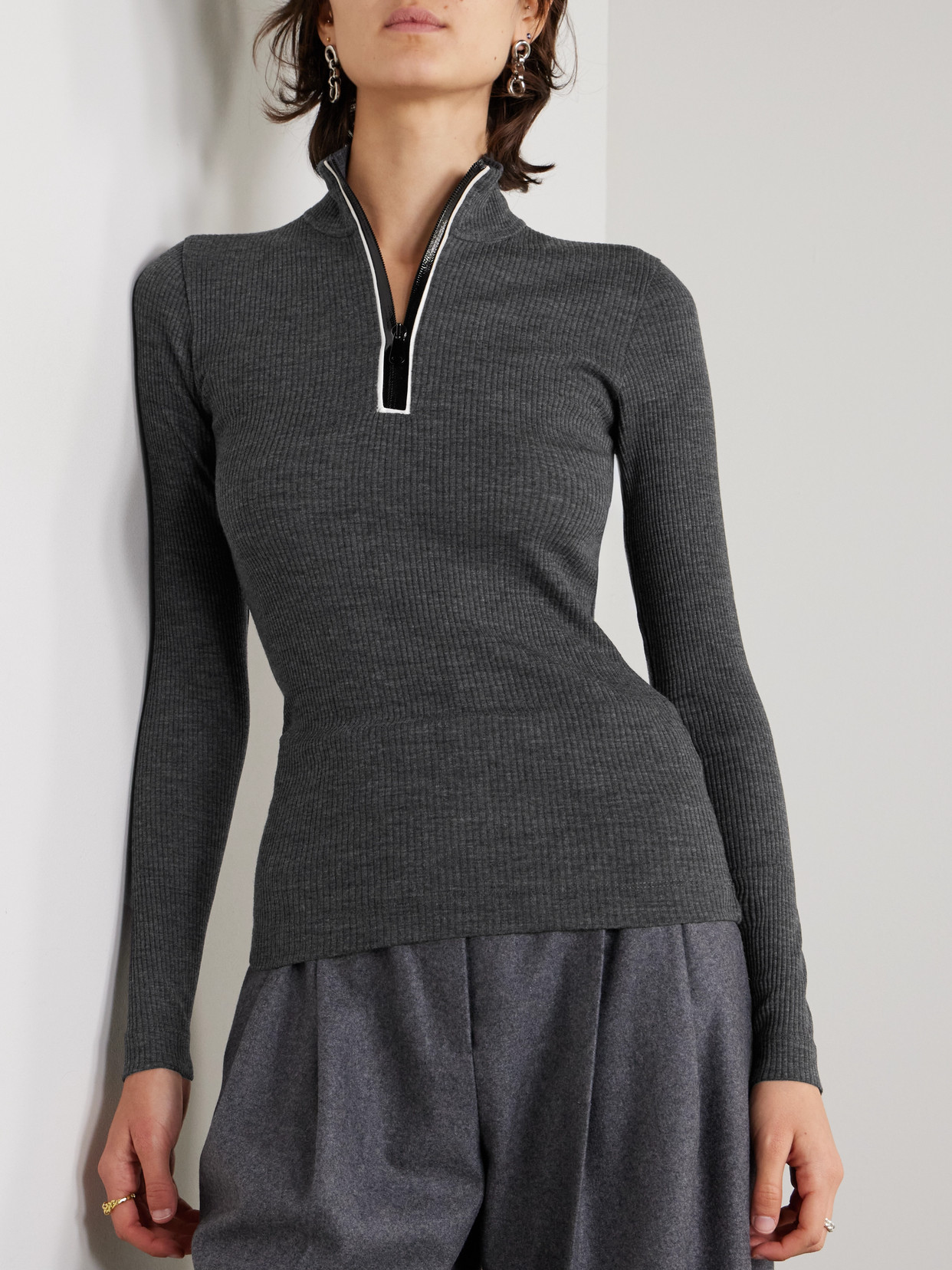 Brunello Cucinelli Bead-embellished Ribbed Wool Turtleneck Top In Gray