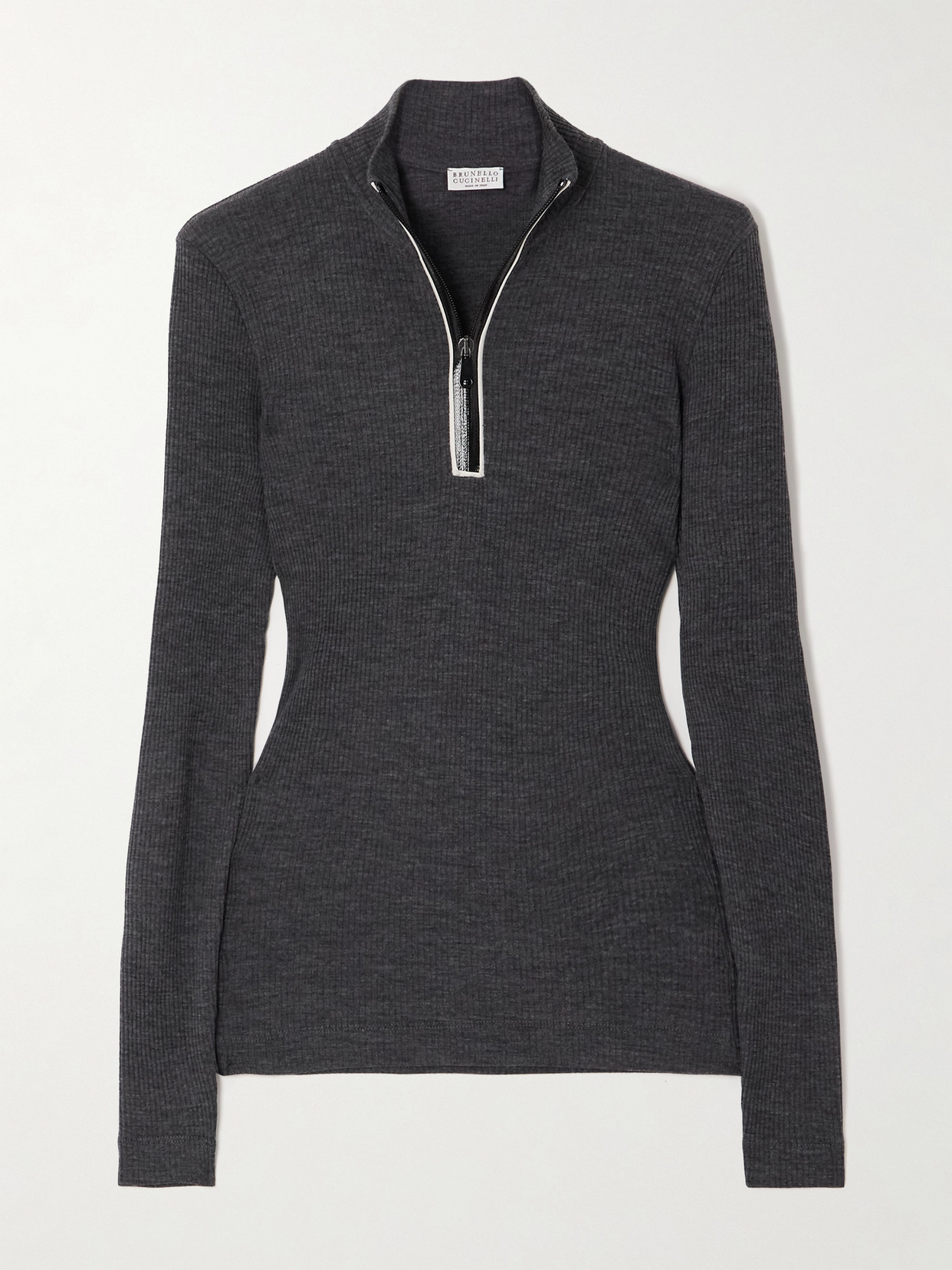 Brunello Cucinelli - Bead-embellished Ribbed Wool Turtleneck Top - Gray