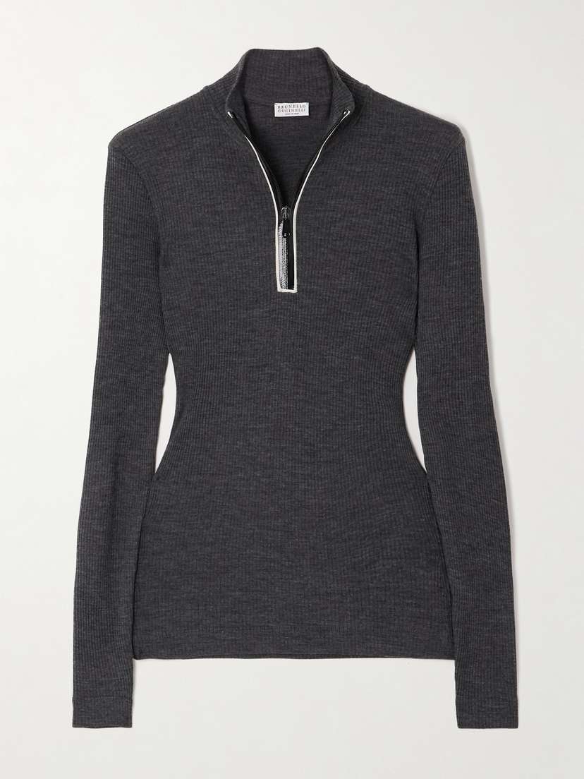 Brunello Cucinelli Bead-embellished Ribbed Wool Turtleneck Top