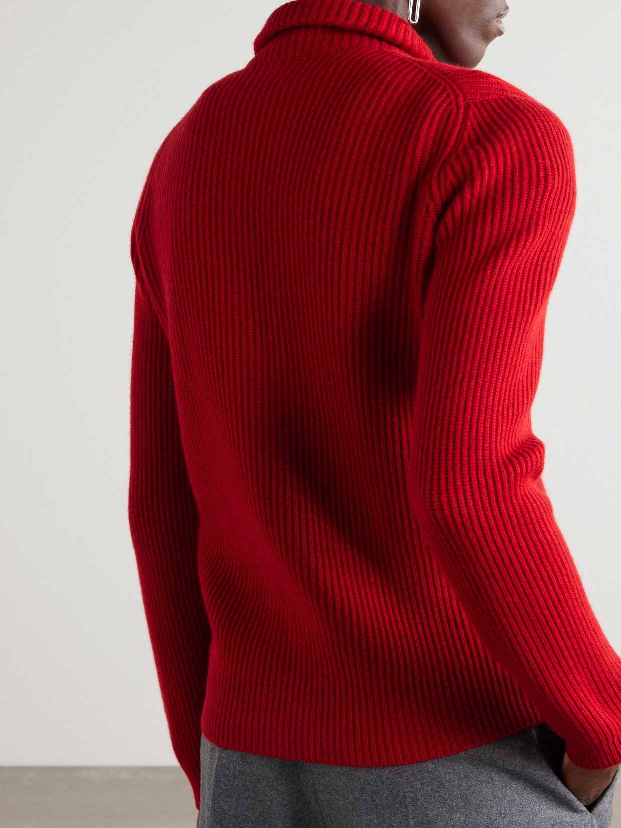 Brunello Cucinelli Bead-embellished Turtleneck Ribbed Cashmere Polo Sweater In Red