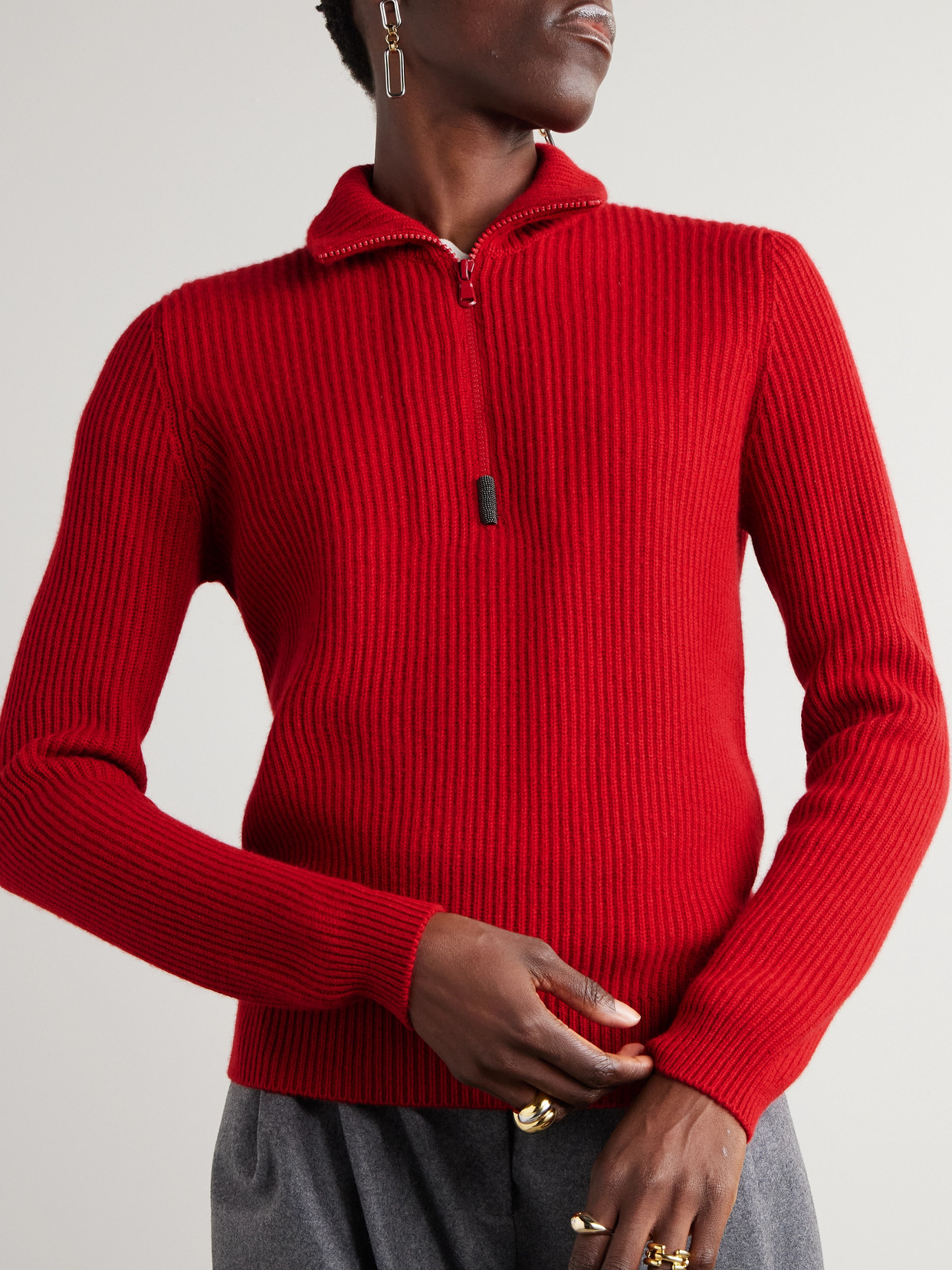 Brunello Cucinelli Bead-embellished Turtleneck Ribbed Cashmere Polo Sweater In Red