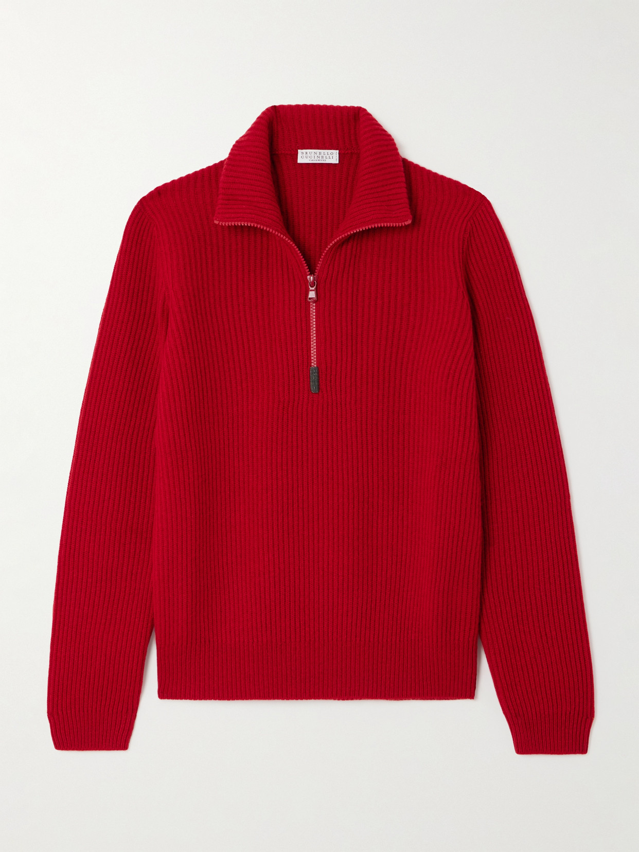 Brunello Cucinelli Bead-embellished Turtleneck Ribbed Cashmere Polo Sweater In Red