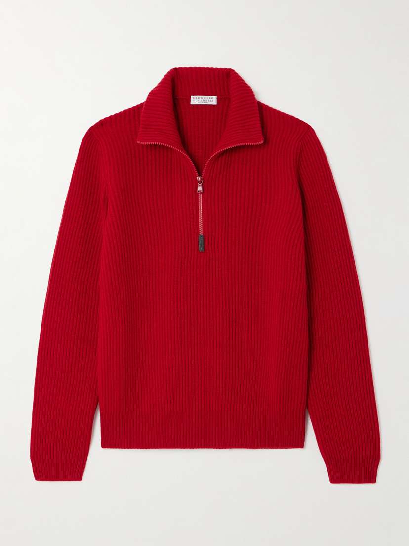 Brunello Cucinelli Bead-embellished Turtleneck Ribbed Cashmere Polo Sweater