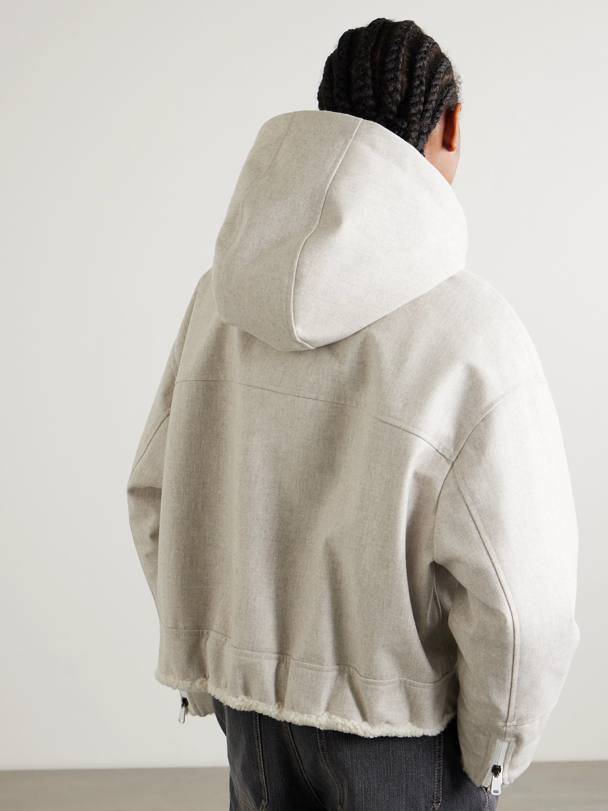 Brunello Cucinelli Bead-embellished Hooded Shearling-trimmed Wool Coat In Gray