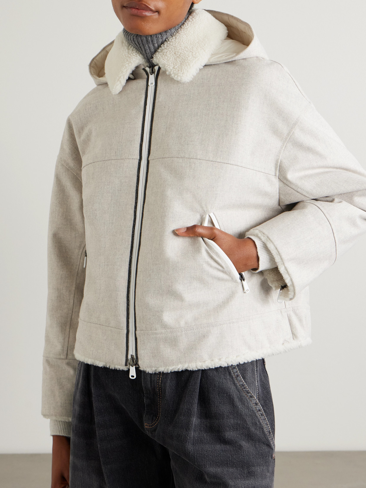 Brunello Cucinelli Bead-embellished Hooded Shearling-trimmed Wool Coat In Gray