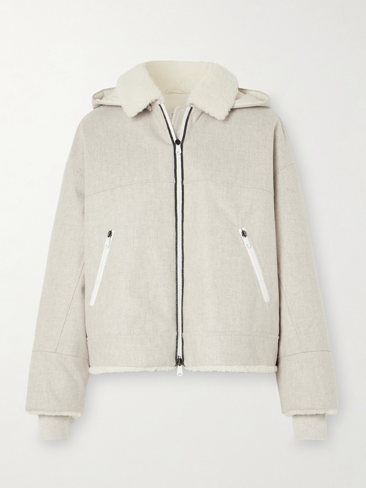Brunello Cucinelli Bead-embellished Hooded Shearling-trimmed Wool Coat In Gray