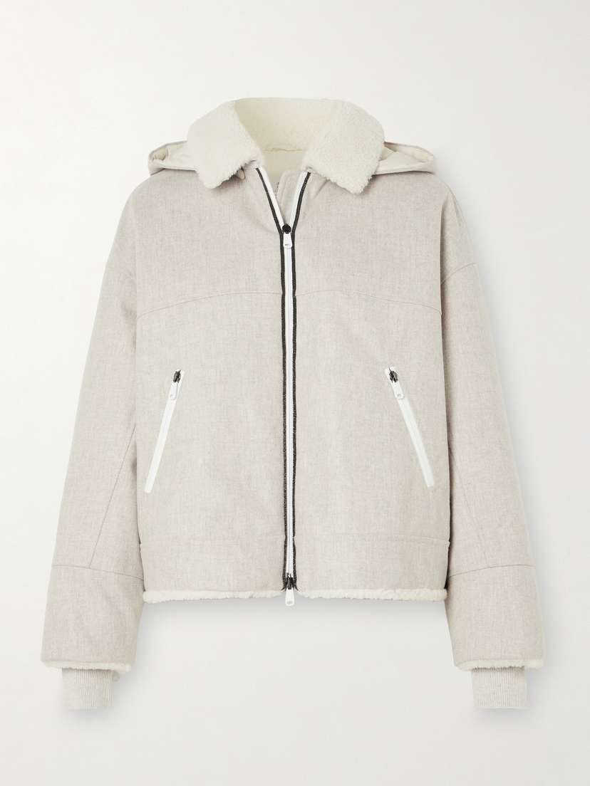 Brunello Cucinelli Bead-embellished Hooded Shearling-trimmed Wool Coat