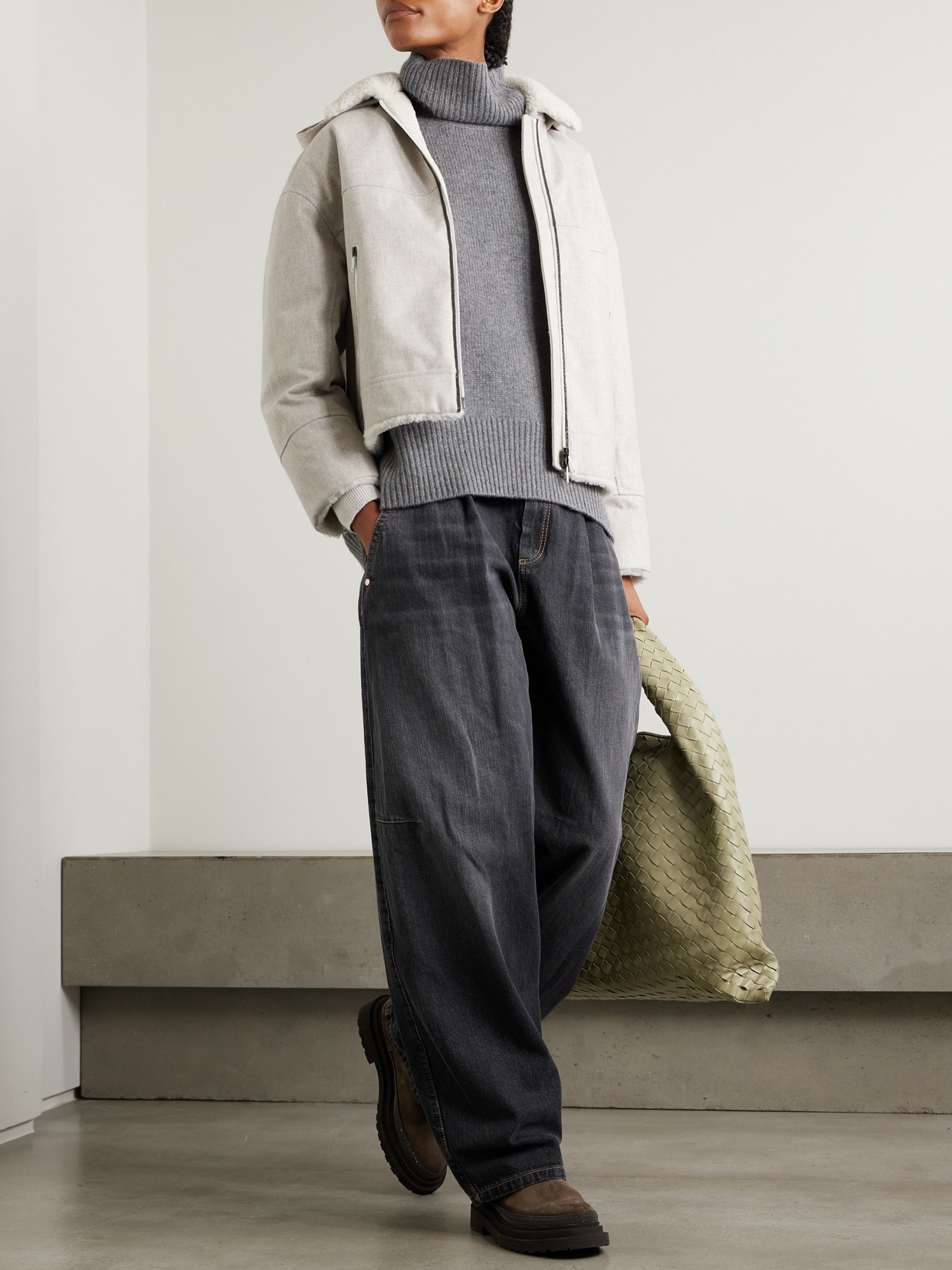Brunello Cucinelli Bead-embellished Hooded Shearling-trimmed Wool Coat In Gray