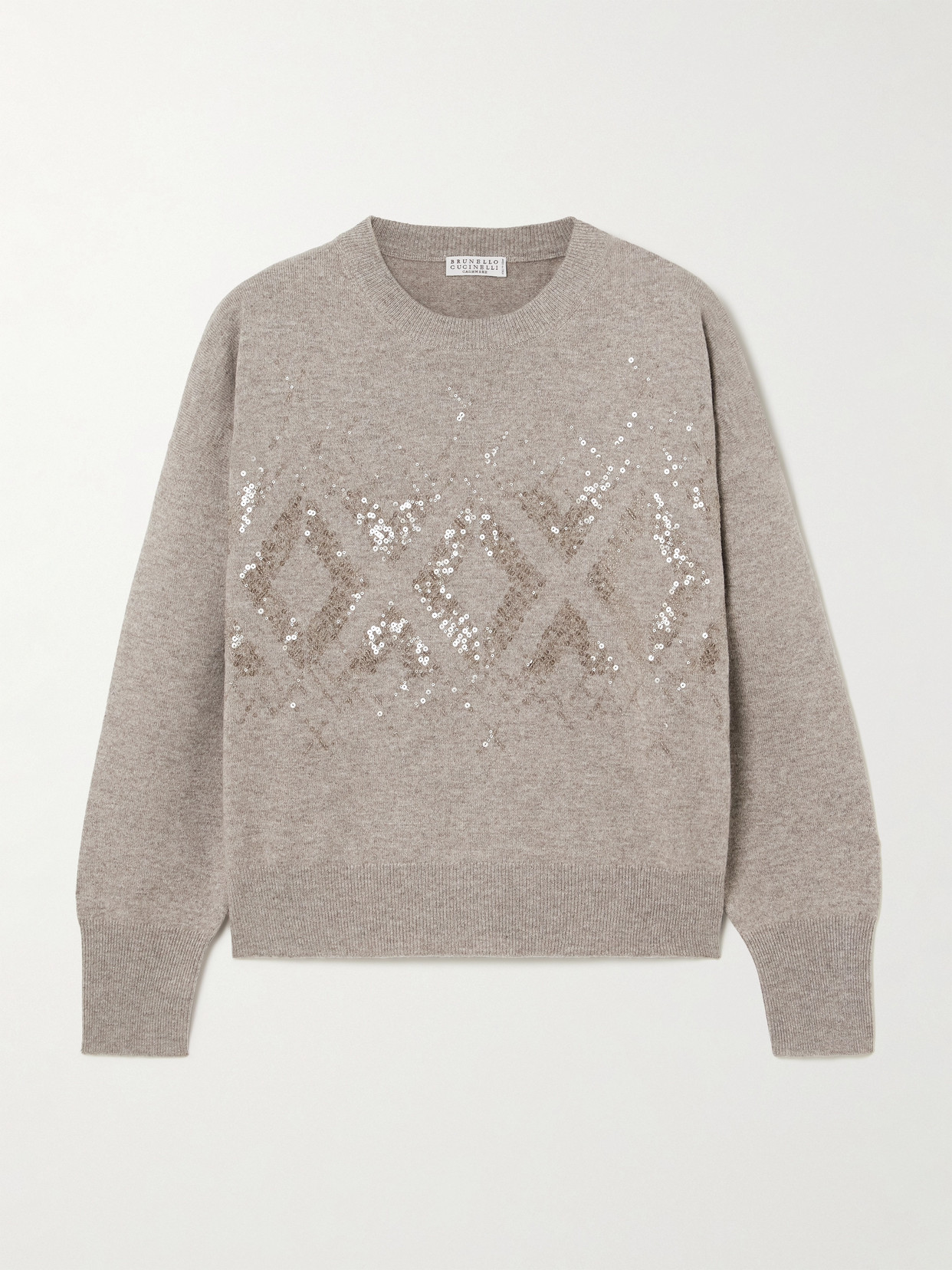 Brunello Cucinelli Sequin-embellished Wool, Cashmere And Silk-blend Sweater In Brown