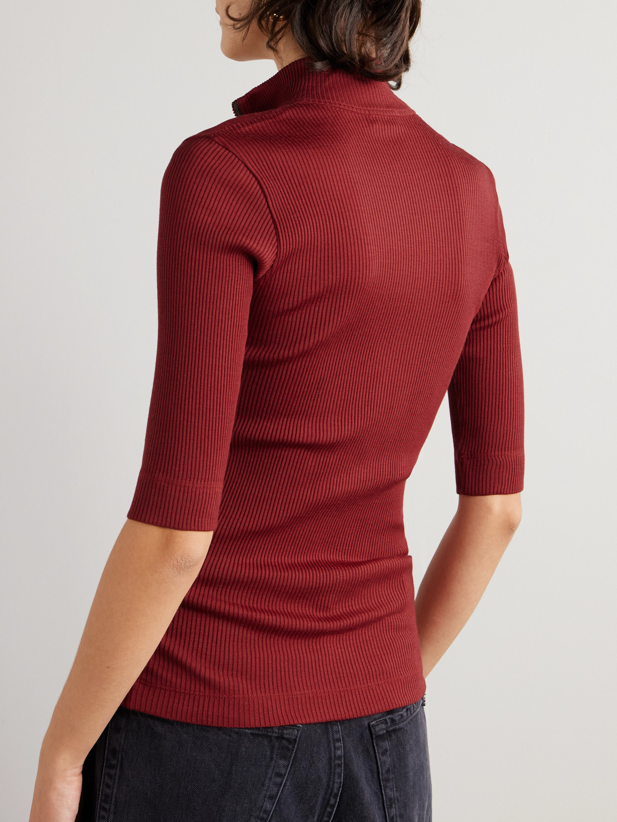 Brunello Cucinelli Ribbed Wool Jersey Turtleneck T-shirt With Precious Half Zip In Red