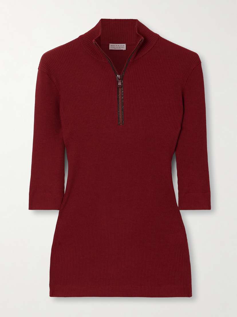 Brunello Cucinelli Bead-embellished Ribbed Wool Turtleneck Top